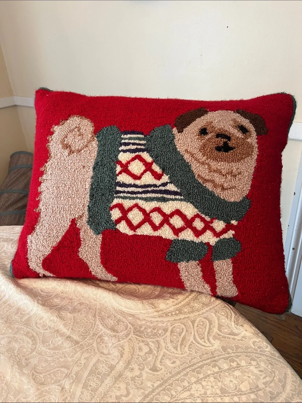Festive Red Pug Hooked Pug Pillow with Sweater Design Adorable EUC